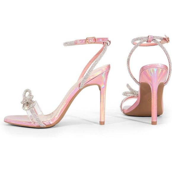 Women's Double Bowknots Crystal Sandals Clear Sling back Heels Square Toe Shoes - Picture 4 of 7